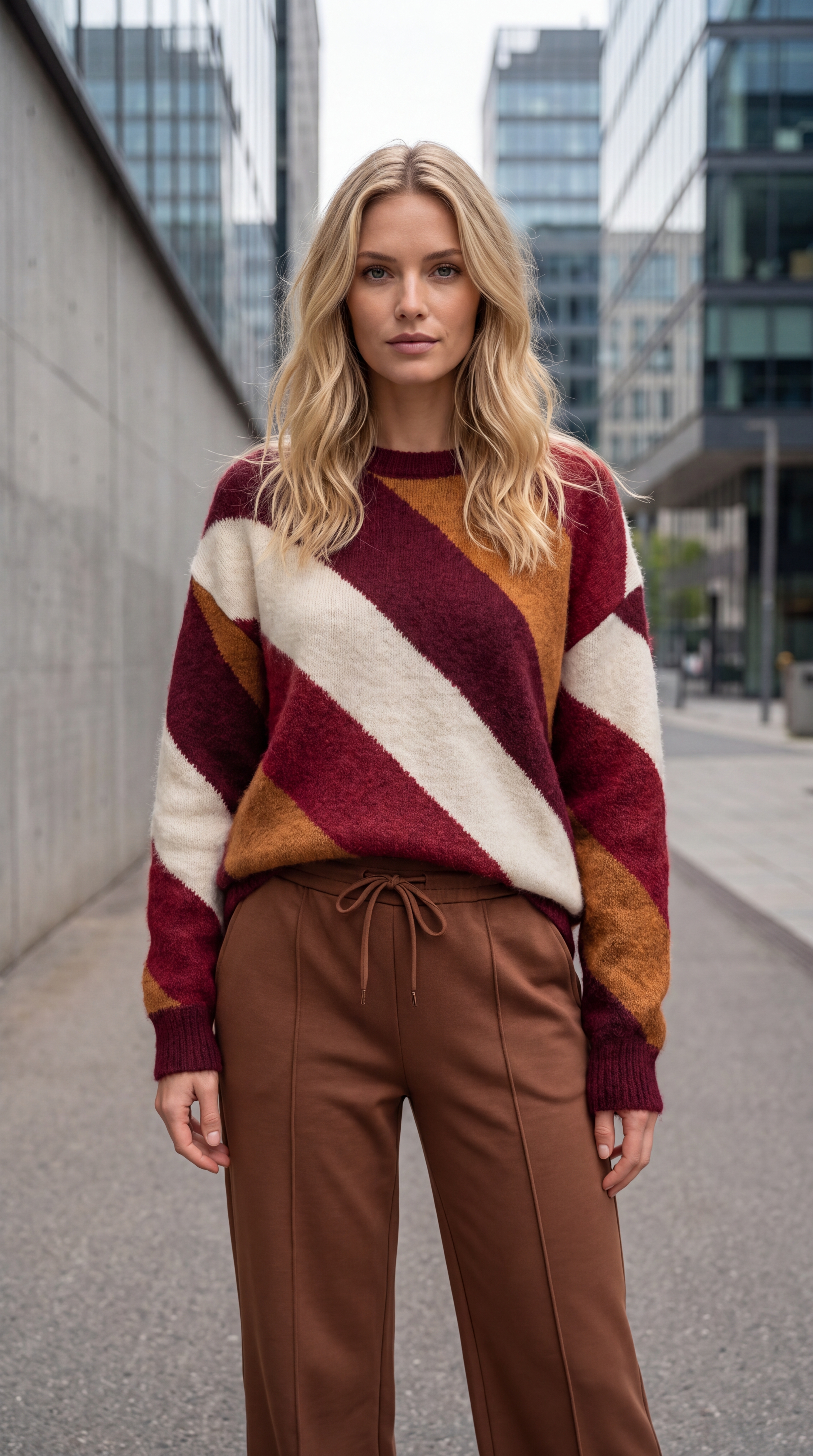 Dámsky pulóver s diagonálnymi pruhmi ROYAL EDGE BURGUNDY Bordovo-škoricový s.WEAR 3